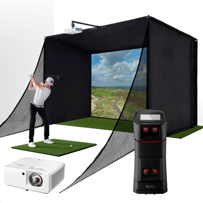 Uneekor EYE MINI with PlayBetter SimStudio™ COMPLETE Package | Golf Simulator Studio with Impact Screen, Enclosure, Side Barriers, Hitting/Putting Mats & Projector