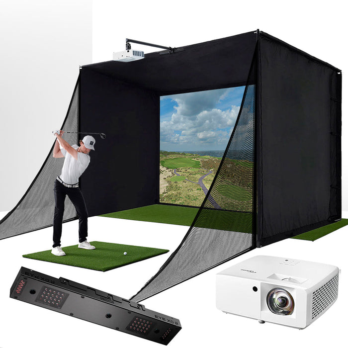 Uneekor EYE XO2 with PlayBetter SimStudio™ COMPLETE Package | Golf Simulator Studio with Impact Screen, Enclosure, Side Barriers, Hitting/Putting Mats & Projector