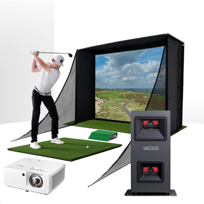 Uneekor EYE MINI LITE with PlayBetter SimStudio™ COMPLETE Package | Golf Simulator Studio with Impact Screen, Enclosure, Side Barriers, Hitting/Putting Mats & Projector