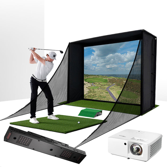 Uneekor EYE XO2 with PlayBetter SimStudio™ COMPLETE Package | Golf Simulator Studio with Impact Screen, Enclosure, Side Barriers, Hitting/Putting Mats & Projector