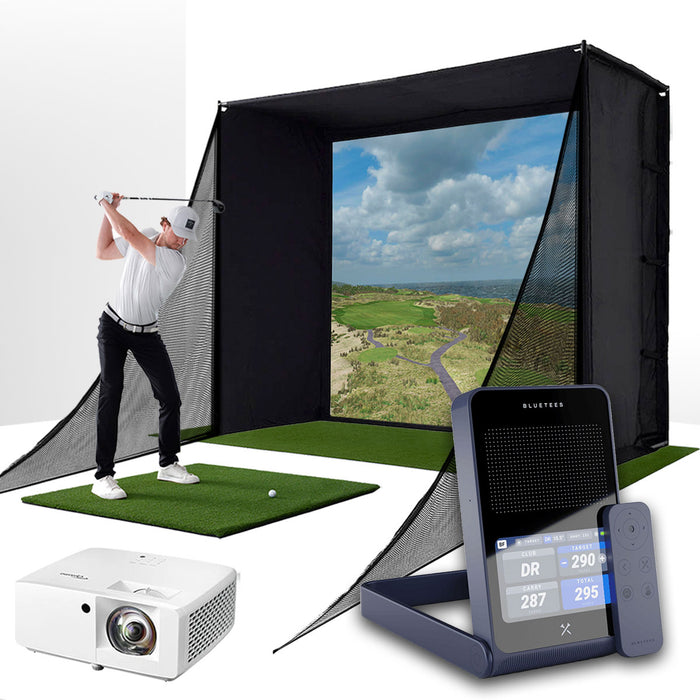 Blue Tees Golf Rainmaker with PlayBetter SimStudio™ COMPLETE Package | Golf Simulator Studio with Impact Screen, Enclosure, Side Barriers, Hitting/Putting Mats & Projector