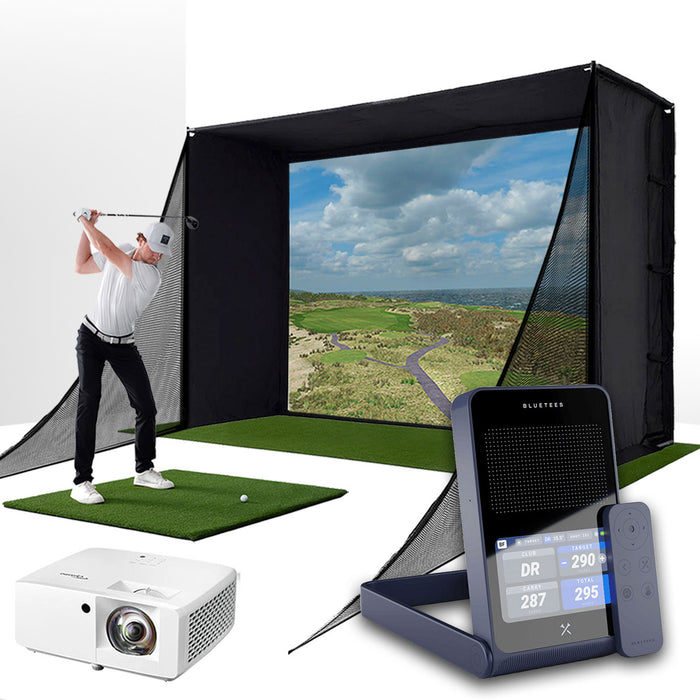 Blue Tees Golf Rainmaker with PlayBetter SimStudio™ COMPLETE Package | Golf Simulator Studio with Impact Screen, Enclosure, Side Barriers, Hitting/Putting Mats & Projector