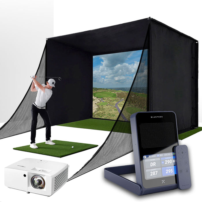 Blue Tees Golf Rainmaker with PlayBetter SimStudio™ COMPLETE Package | Golf Simulator Studio with Impact Screen, Enclosure, Side Barriers, Hitting/Putting Mats & Projector