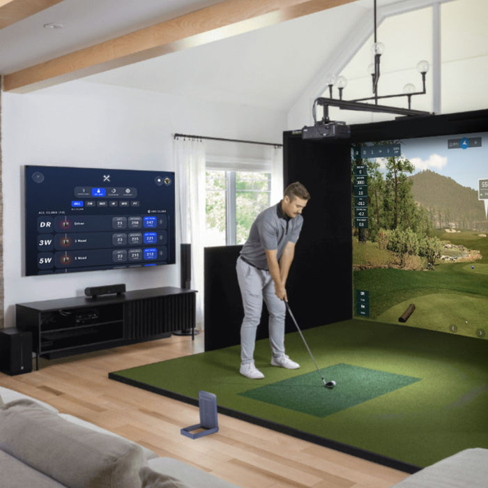 Blue Tees Golf Rainmaker with PlayBetter SimStudio™ COMPLETE Package | Golf Simulator Studio with Impact Screen, Enclosure, Side Barriers, Hitting/Putting Mats & Projector