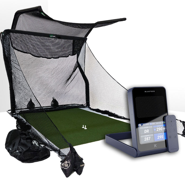 Blue Tees Golf Rainmaker Golf Launch Monitor Home Net Studio with The Net Return Premium Hitting Net Package