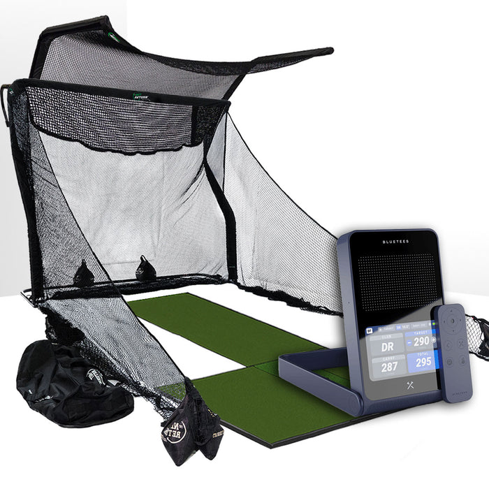 Blue Tees Golf Rainmaker Golf Launch Monitor Home Net Studio with The Net Return Premium Hitting Net Package