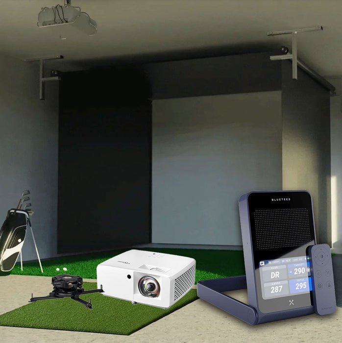 Blue Tees Golf Rainmaker SportScreen Vanish Retractable Golf Studio Complete Package | Home Golf Simulator Studio with Impact Screen, Enclosure, Hitting Mat, Putting Turf & Projector