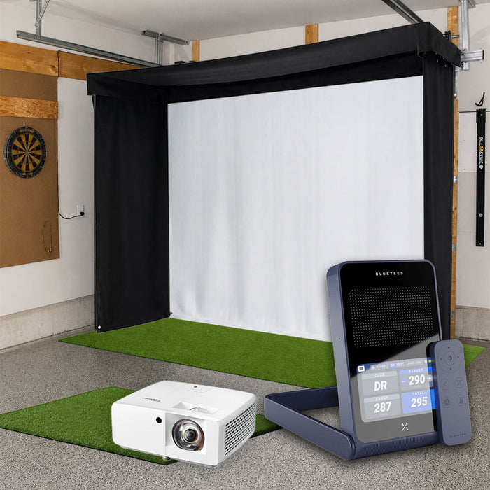 Blue Tees Golf Rainmaker SportScreen Vanish LITE Semi-Retractable Golf Studio Complete Package | Home Golf Simulator Studio with Impact Screen, Enclosure, Hitting Mat, Putting Turf & Projector
