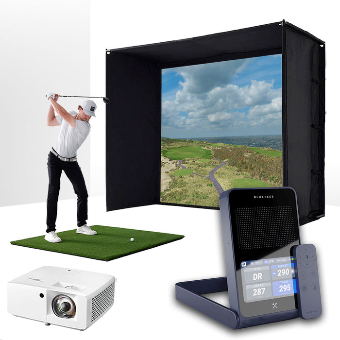 Blue Tees Golf Rainmaker with PlayBetter SimStudio™ ESSENTIALS Package | Golf Simulator Studio with Impact Screen, Enclosure, Hitting Mat & Projector