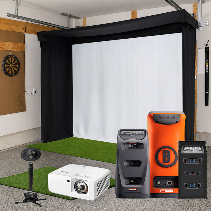 Bushnell Launch Pro Circle B SportScreen Vanish LITE Semi-Retractable Golf Studio Complete Package | Home Golf Simulator Studio with Impact Screen, Enclosure, Hitting Mat, Putting Turf & Projector