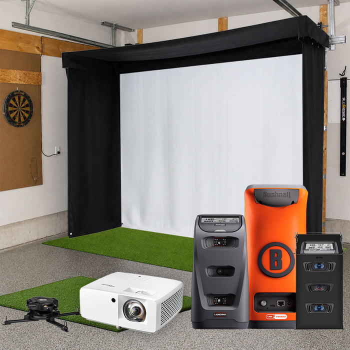 Bushnell Launch Pro Circle B SportScreen Vanish LITE Semi-Retractable Golf Studio Complete Package | Home Golf Simulator Studio with Impact Screen, Enclosure, Hitting Mat, Putting Turf & Projector