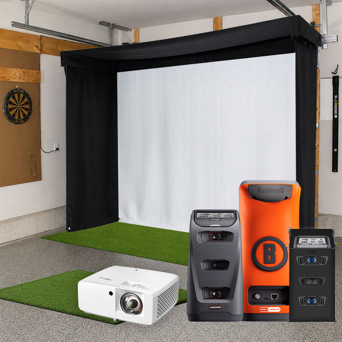 Bushnell Launch Pro Circle B SportScreen Vanish LITE Semi-Retractable Golf Studio Complete Package | Home Golf Simulator Studio with Impact Screen, Enclosure, Hitting Mat, Putting Turf & Projector