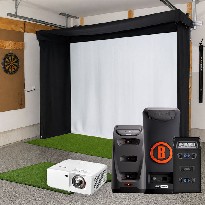 Bushnell LPi Circle B SportScreen Vanish LITE Semi-Retractable Golf Studio Complete Package | Home Golf Simulator Studio with Impact Screen, Enclosure, Hitting Mat, Putting Turf & Projector