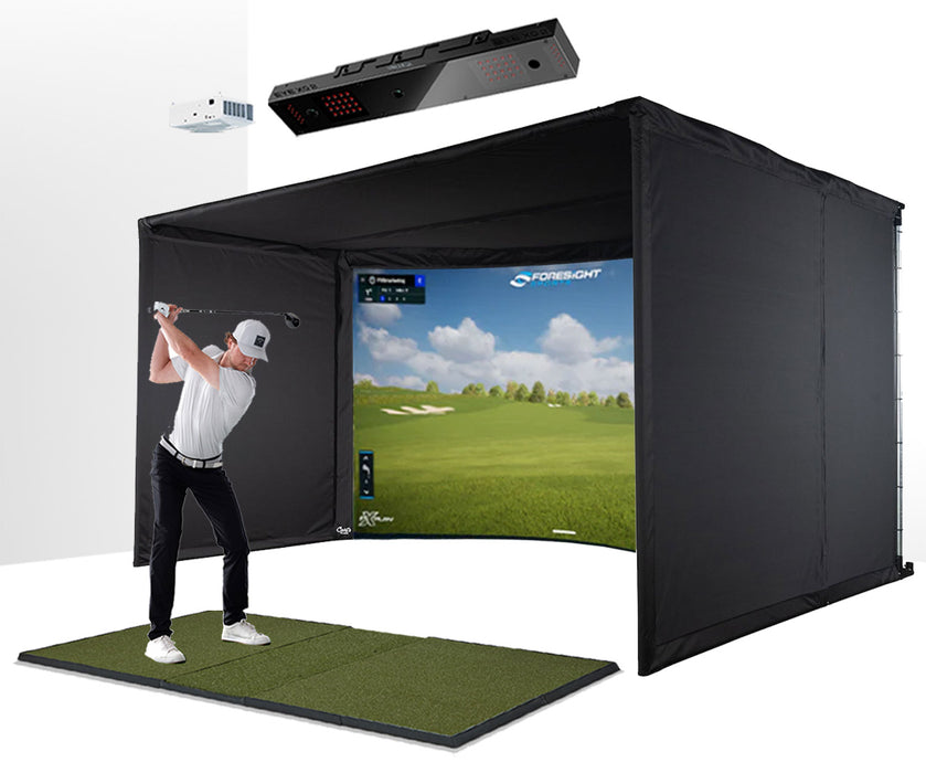 Uneekor EYE XO2 with PlayBetter SimStudio™ OVERHEAD Premium Complete Package | Includes Carl's Place Curved Enclosure, Hitting Mat, Projector, Ceiling/Frame