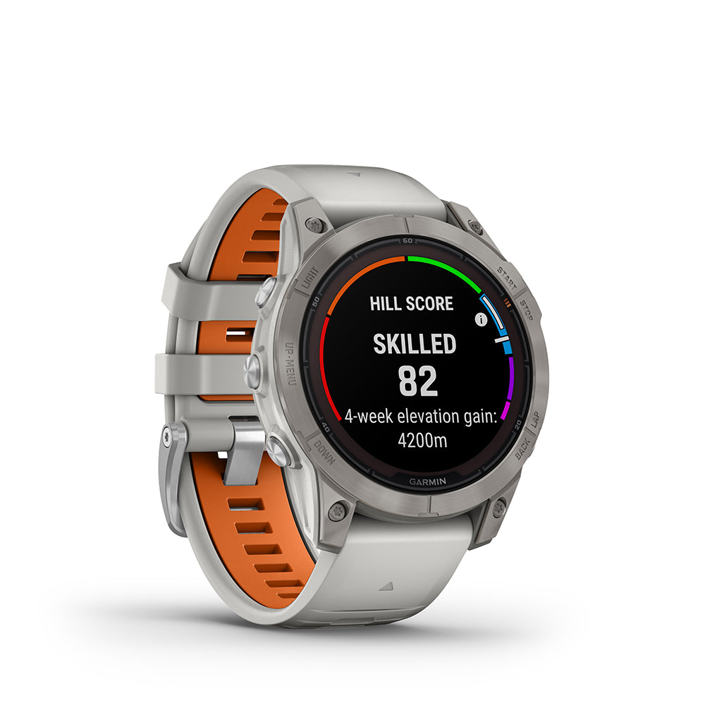 The fog gray and ember orange Garmin fenix 7 GPS watch with Hill Score feature on the display