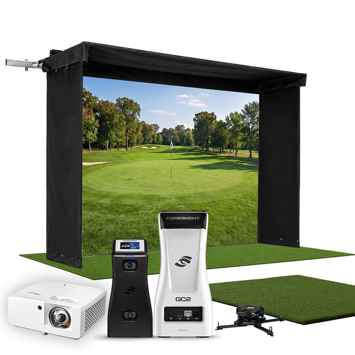 Foresight GC2 SportScreen Vanish LITE Hybrid-Retractable Golf Studio Complete Package | Home Golf Simulator Studio with Impact Screen, Enclosure, Hitting Mat, Putting Turf & Projector