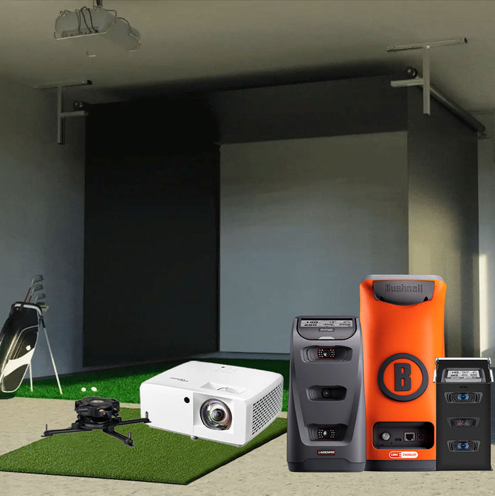 Bushnell Launch Pro Circle B SportScreen Vanish Retractable Golf Studio Complete Package | Home Golf Simulator Studio with Impact Screen, Enclosure, Hitting Mat, Putting Turf & Projector