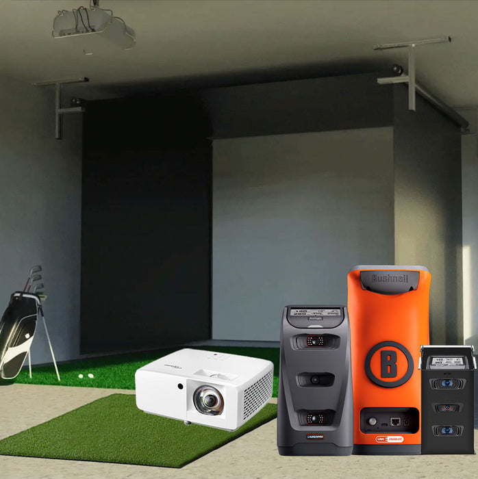 Bushnell Launch Pro Circle B SportScreen Vanish Retractable Golf Studio Complete Package | Home Golf Simulator Studio with Impact Screen, Enclosure, Hitting Mat, Putting Turf & Projector