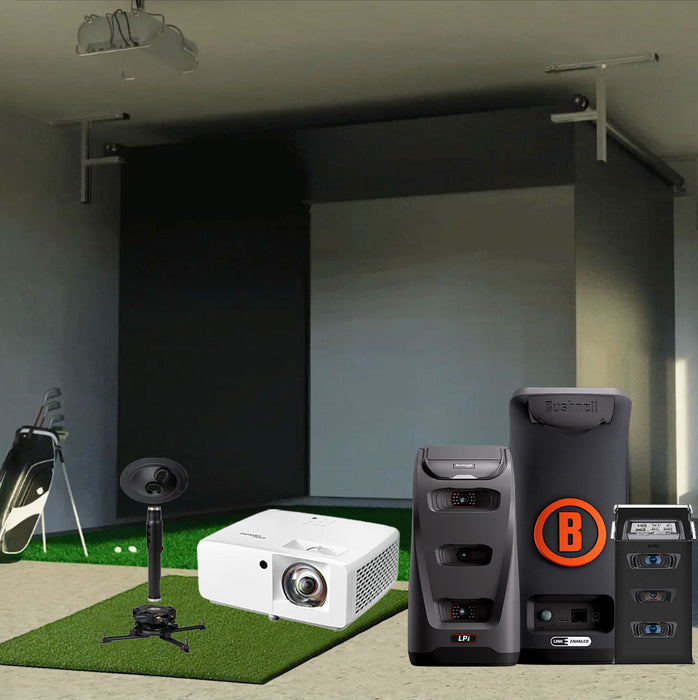 Bushnell LPi Circle B SportScreen Vanish Retractable Golf Studio Complete Package | Home Golf Simulator Studio with Impact Screen, Enclosure, Hitting Mat, Putting Turf & Projector