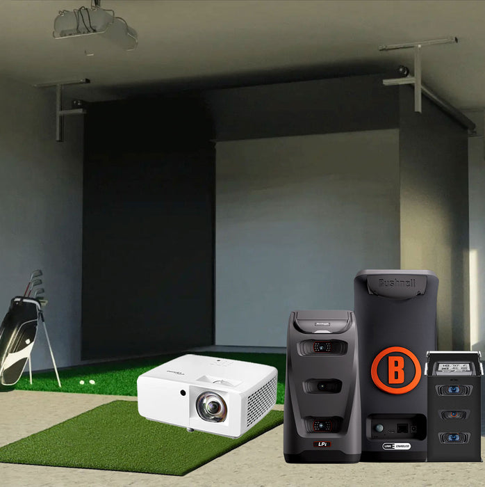 Bushnell LPi Circle B SportScreen Vanish Retractable Golf Studio Complete Package | Home Golf Simulator Studio with Impact Screen, Enclosure, Hitting Mat, Putting Turf & Projector