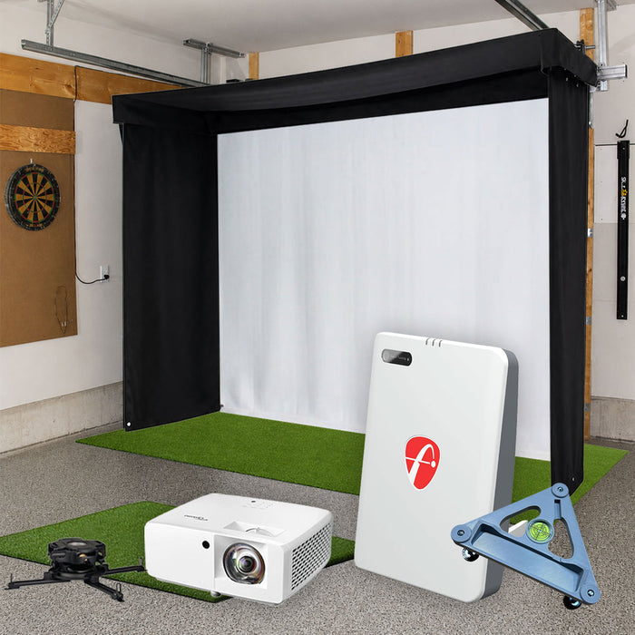 FlightScope Mevo Gen2 SportScreen Vanish LITE Semi-Retractable Golf Studio Complete Package | Home Golf Simulator Studio with Impact Screen, Enclosure, Hitting Mat, Putting Turf & Projector