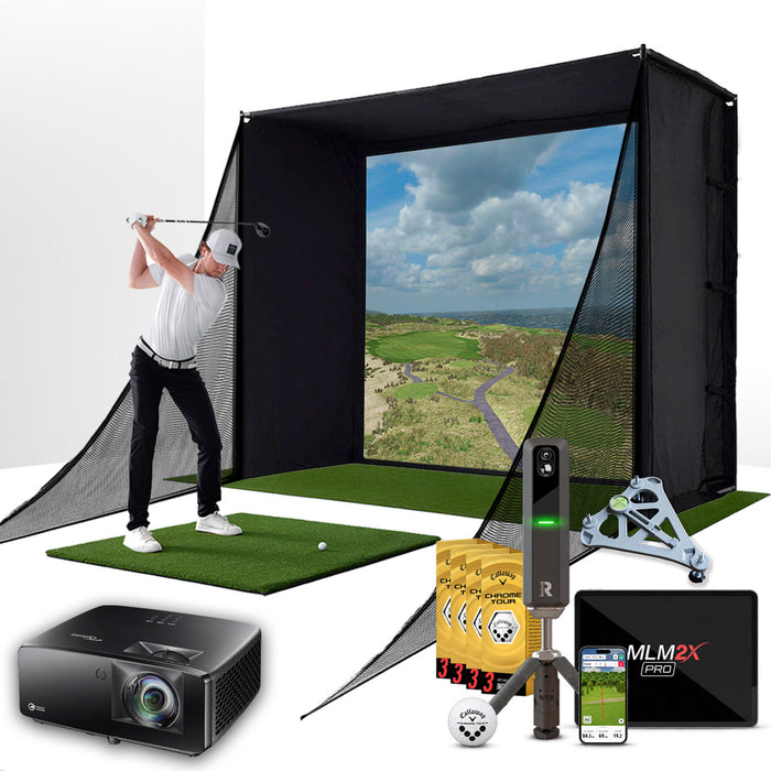Rapsodo MLM2XPRO with PlayBetter SimStudio™ COMPLETE Package | Golf Simulator Studio with Impact Screen, Enclosure, Side Barriers, Hitting/Putting Mats, Projector & Alignment Stand
