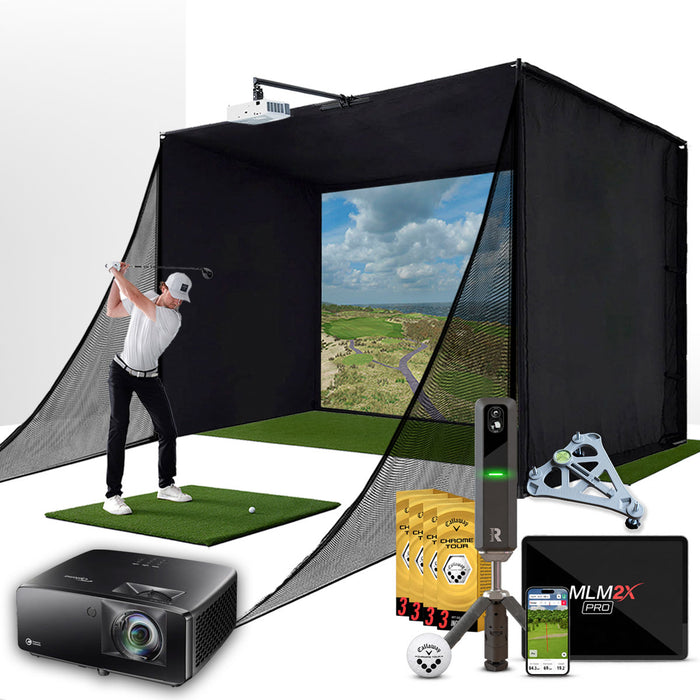 Rapsodo MLM2XPRO with PlayBetter SimStudio™ COMPLETE Package | Golf Simulator Studio with Impact Screen, Enclosure, Side Barriers, Hitting/Putting Mats, Projector & Alignment Stand