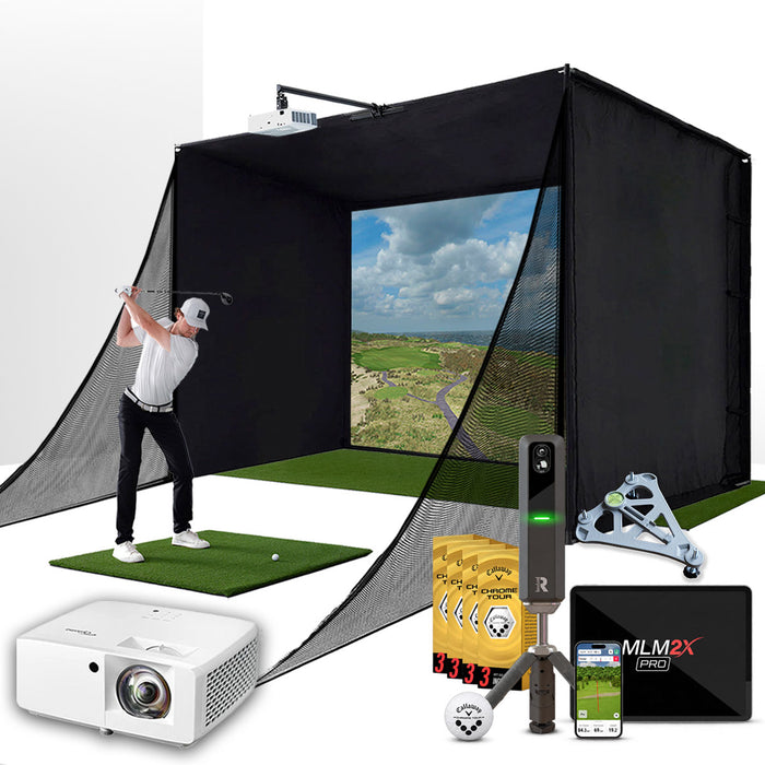 Rapsodo MLM2XPRO with PlayBetter SimStudio™ COMPLETE Package | Golf Simulator Studio with Impact Screen, Enclosure, Side Barriers, Hitting/Putting Mats, Projector & Alignment Stand
