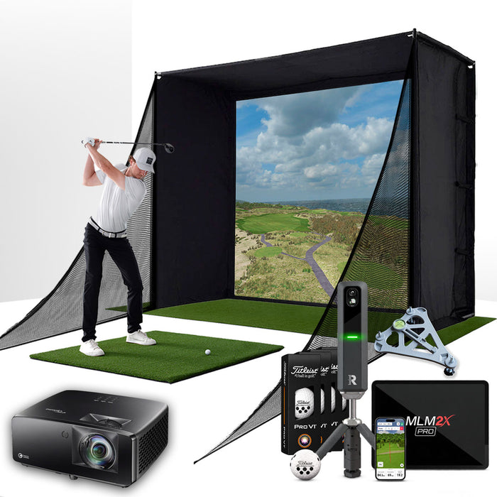 Rapsodo MLM2XPRO with PlayBetter SimStudio™ COMPLETE Package | Golf Simulator Studio with Impact Screen, Enclosure, Side Barriers, Hitting/Putting Mats, Projector & Alignment Stand