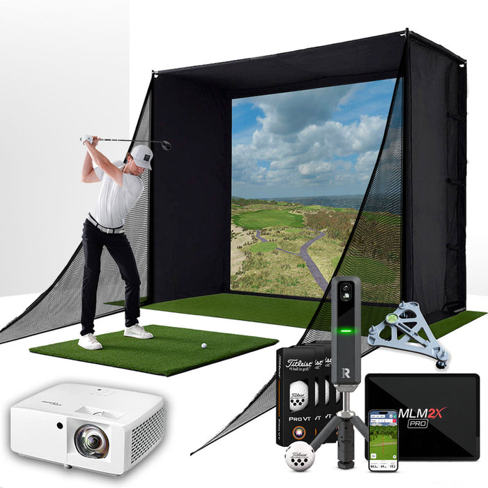 Rapsodo MLM2XPRO with PlayBetter SimStudio™ COMPLETE Package | Golf Simulator Studio with Impact Screen, Enclosure, Side Barriers, Hitting/Putting Mats, Projector & Alignment Stand
