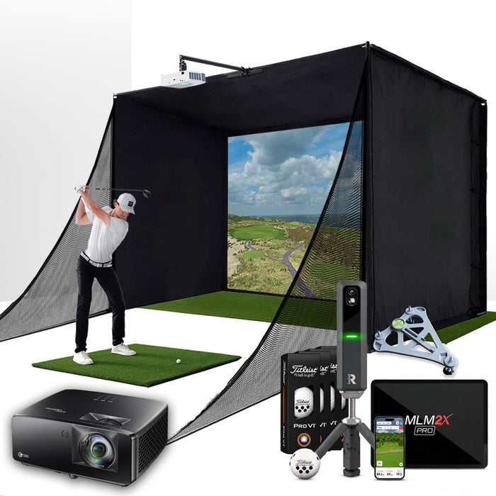 Rapsodo MLM2XPRO with PlayBetter SimStudio™ COMPLETE Package | Golf Simulator Studio with Impact Screen, Enclosure, Side Barriers, Hitting/Putting Mats, Projector & Alignment Stand
