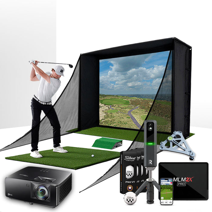 Rapsodo MLM2XPRO with PlayBetter SimStudio™ COMPLETE Package | Golf Simulator Studio with Impact Screen, Enclosure, Side Barriers, Hitting/Putting Mats, Projector & Alignment Stand