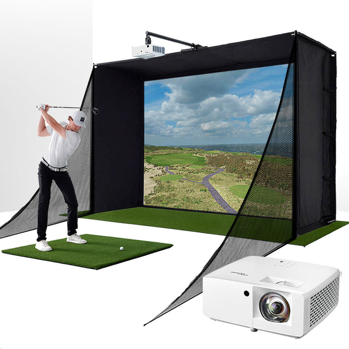 PlayBetter SimStudio™ COMPLETE by Golficity | Home Golf Simulator Package with Enclosure, Impact Screen, Hitting/Putting Mats, Side Barriers & Projector