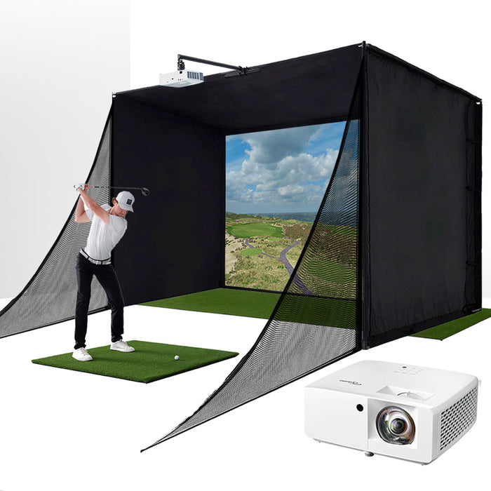 PlayBetter SimStudio™ COMPLETE Home Golf Simulator Package | Enclosure, Impact Screen, Hitting/Putting Mats, Side Barriers & Projector