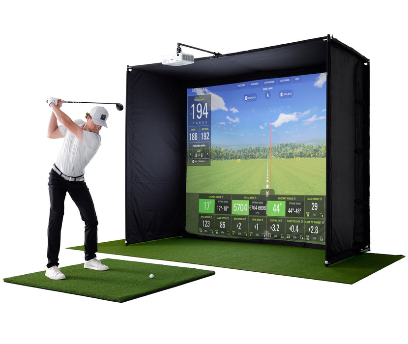 SkyTrak+ Golf Launch Monitor with PlayBetter SimStudio™ | Complete Home Simulator Studio Package with Impact Screen Enclosure, Mats, & Projector