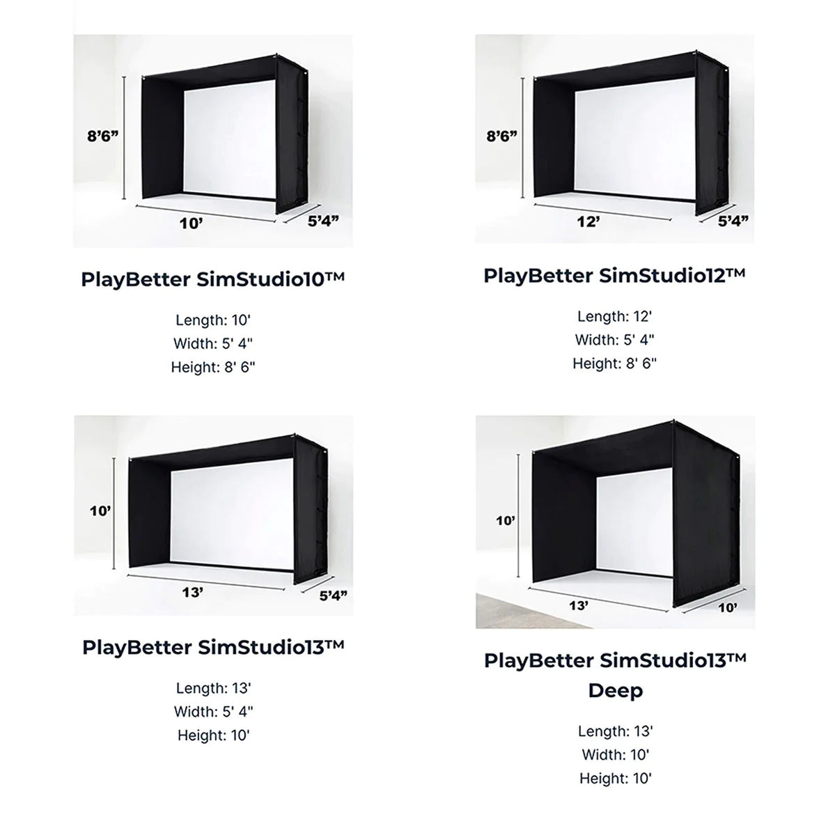 Images and size descriptions of the four PlayBetter SimStudio Size options