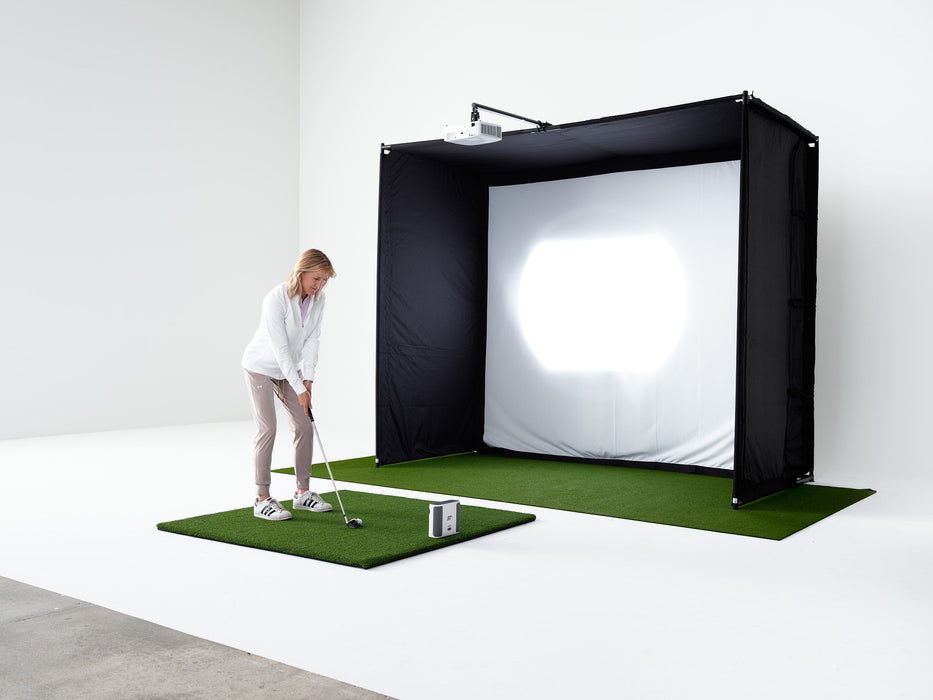 PlayBetter SimStudio™ COMPLETE by Golficity | Home Golf Simulator Package with Enclosure, Impact Screen, Hitting/Putting Mats, Side Barriers & Projector