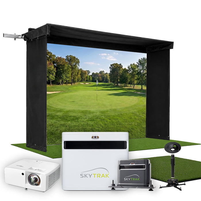 SkyTrak+ SportScreen Vanish LITE Hybrid-Retractable Golf Studio Complete Package | Home Golf Simulator Studio with Impact Screen, Enclosure, Hitting Mat, Putting Turf, Projector & 1-Year FREE Foresight Course Play