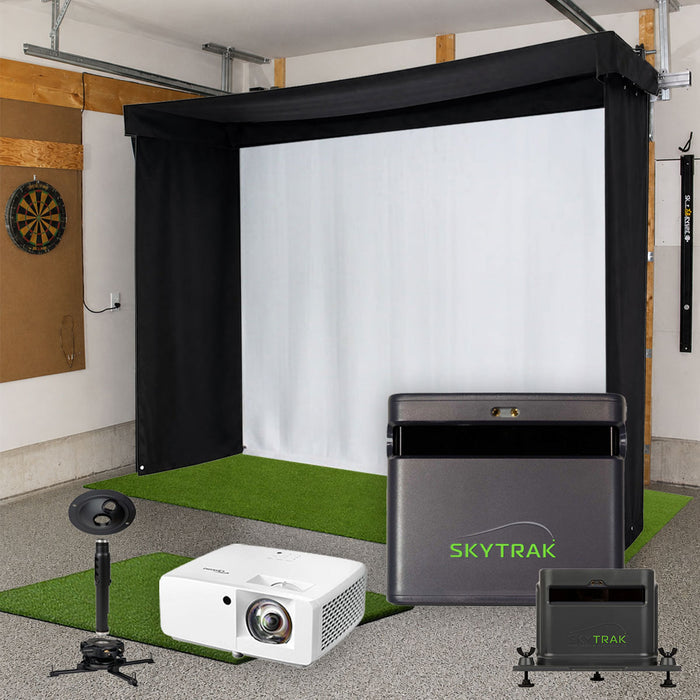 SkyTrak ST MAX SportScreen Vanish LITE Semi-Retractable Golf Studio Complete Package | Home Golf Simulator Studio with Impact Screen, Enclosure, Hitting Mat, Putting Turf & Projector