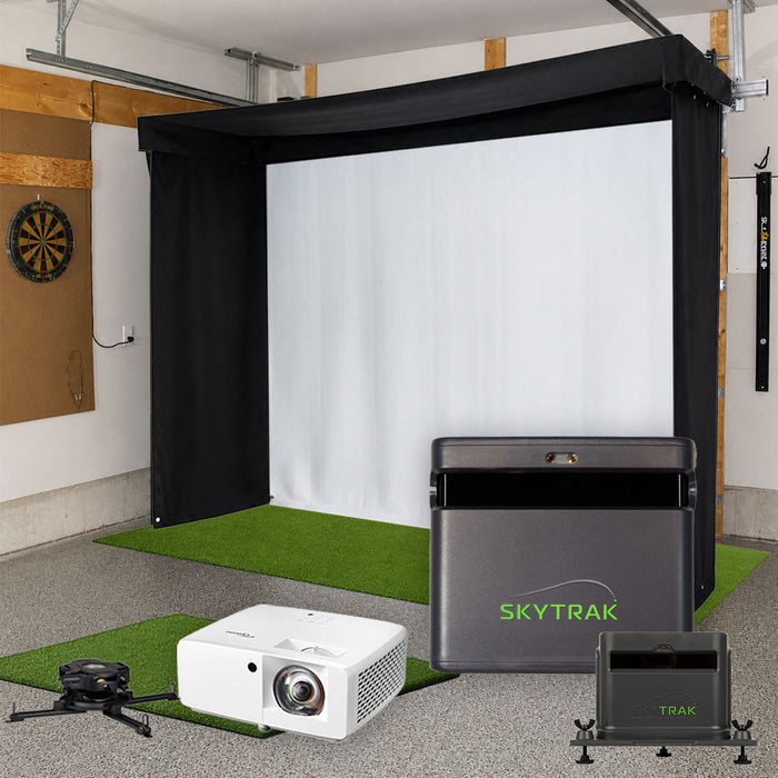SkyTrak ST MAX SportScreen Vanish LITE Semi-Retractable Golf Studio Complete Package | Home Golf Simulator Studio with Impact Screen, Enclosure, Hitting Mat, Putting Turf & Projector