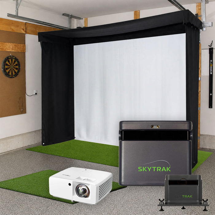 SkyTrak ST MAX SportScreen Vanish LITE Semi-Retractable Golf Studio Complete Package | Home Golf Simulator Studio with Impact Screen, Enclosure, Hitting Mat, Putting Turf & Projector
