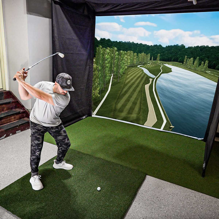 Bushnell LPi Circle B SportScreen Vanish Retractable Golf Studio Complete Package | Home Golf Simulator Studio with Impact Screen, Enclosure, Hitting Mat, Putting Turf & Projector