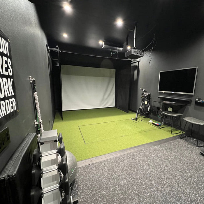 Blue Tees Golf Rainmaker SportScreen Vanish Retractable Golf Studio Complete Package | Home Golf Simulator Studio with Impact Screen, Enclosure, Hitting Mat, Putting Turf & Projector