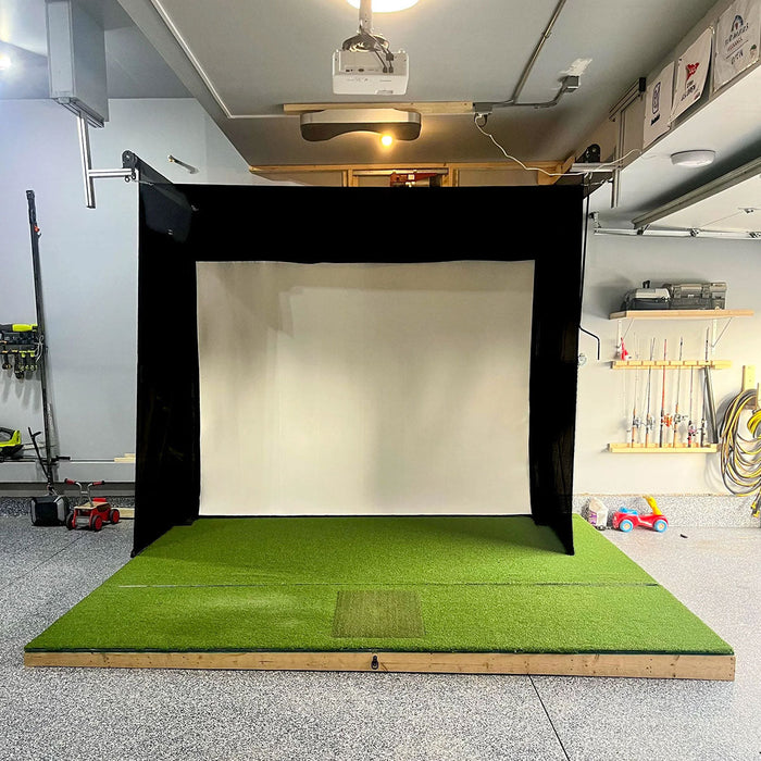 Blue Tees Golf Rainmaker SportScreen Vanish Retractable Golf Studio Complete Package | Home Golf Simulator Studio with Impact Screen, Enclosure, Hitting Mat, Putting Turf & Projector