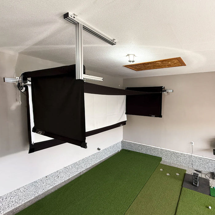 Blue Tees Golf Rainmaker SportScreen Vanish Retractable Golf Studio Complete Package | Home Golf Simulator Studio with Impact Screen, Enclosure, Hitting Mat, Putting Turf & Projector
