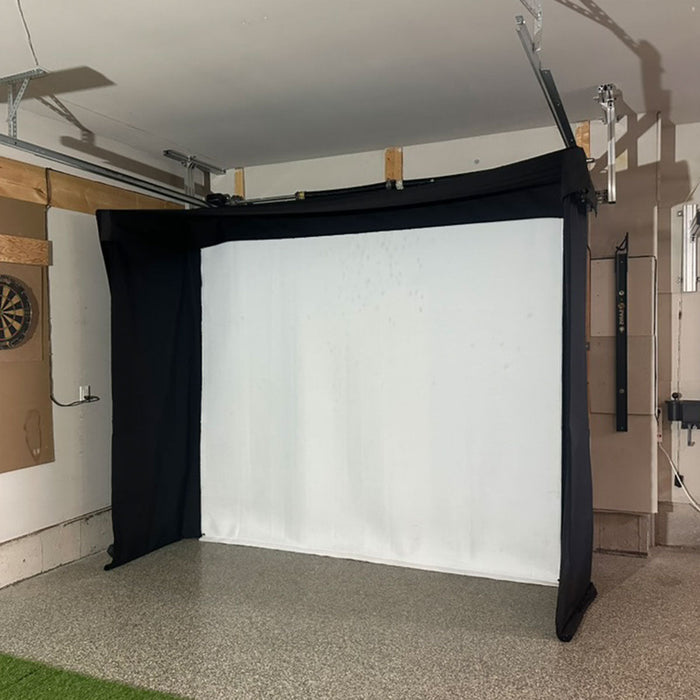 Blue Tees Golf Rainmaker SportScreen Vanish LITE Semi-Retractable Golf Studio Complete Package | Home Golf Simulator Studio with Impact Screen, Enclosure, Hitting Mat, Putting Turf & Projector