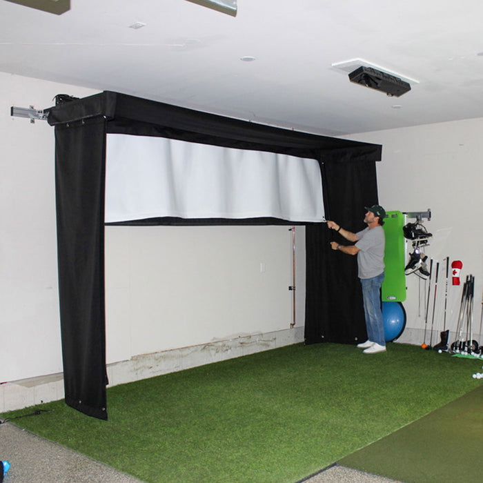 Blue Tees Golf Rainmaker SportScreen Vanish LITE Semi-Retractable Golf Studio Complete Package | Home Golf Simulator Studio with Impact Screen, Enclosure, Hitting Mat, Putting Turf & Projector