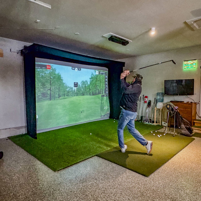 Blue Tees Golf Rainmaker SportScreen Vanish LITE Semi-Retractable Golf Studio Complete Package | Home Golf Simulator Studio with Impact Screen, Enclosure, Hitting Mat, Putting Turf & Projector