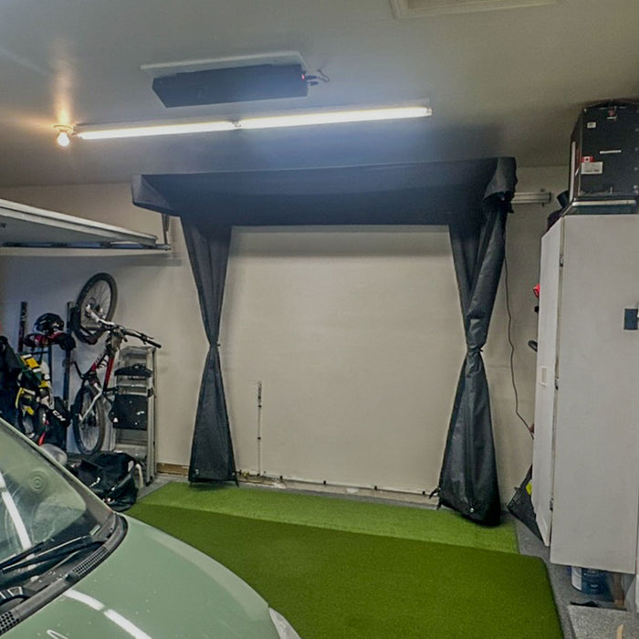 Blue Tees Golf Rainmaker SportScreen Vanish LITE Semi-Retractable Golf Studio Complete Package | Home Golf Simulator Studio with Impact Screen, Enclosure, Hitting Mat, Putting Turf & Projector