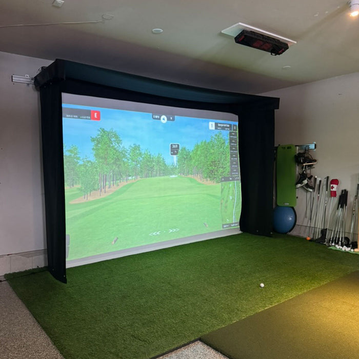 Blue Tees Golf Rainmaker SportScreen Vanish LITE Semi-Retractable Golf Studio Complete Package | Home Golf Simulator Studio with Impact Screen, Enclosure, Hitting Mat, Putting Turf & Projector